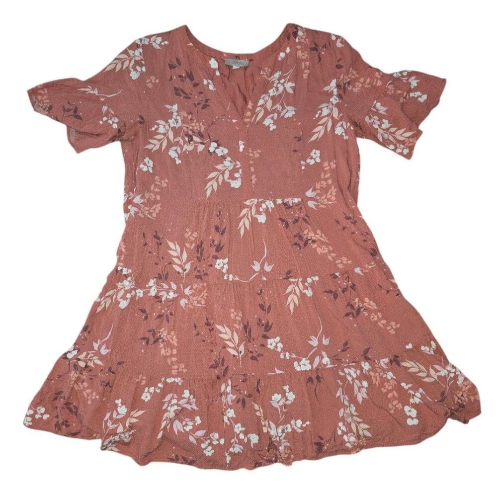 LOFT Floral Babydoll Dress Pink Mauve Ruffle Sleeve Tiered Mini Women's Medium